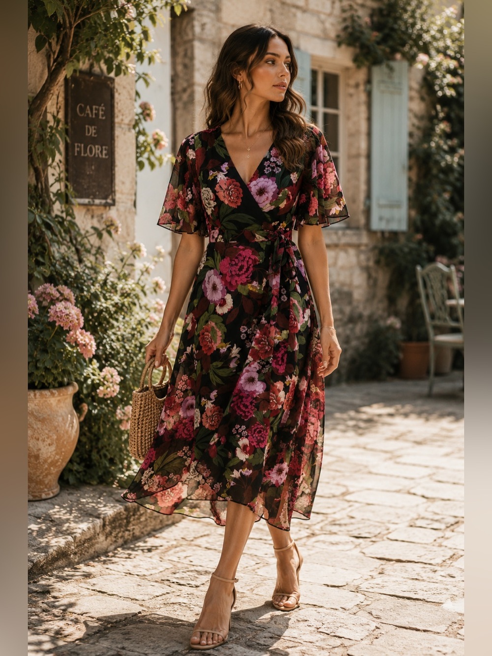 Vince Camuto Black Multi Floral Flutter Sleeve Chiffon Faux Wrap Dress Size 4